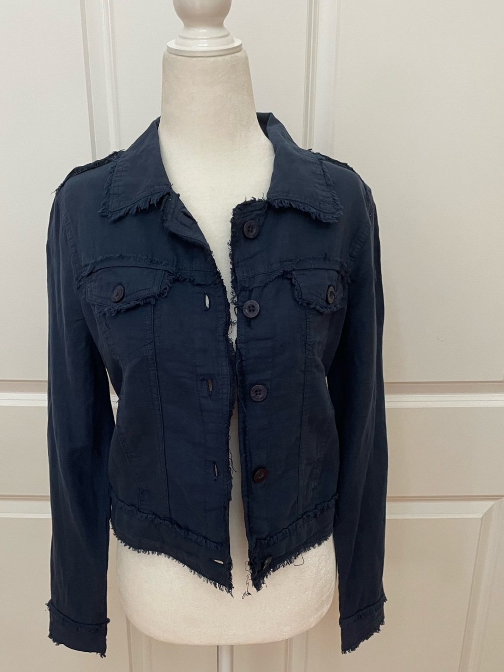 Salt Creek Apparel York Beach Navy Linen Cotton Frayed Jacket Small